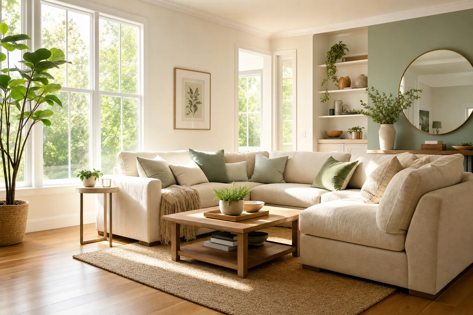 Sunlit, freshly cleaned living room with green plants